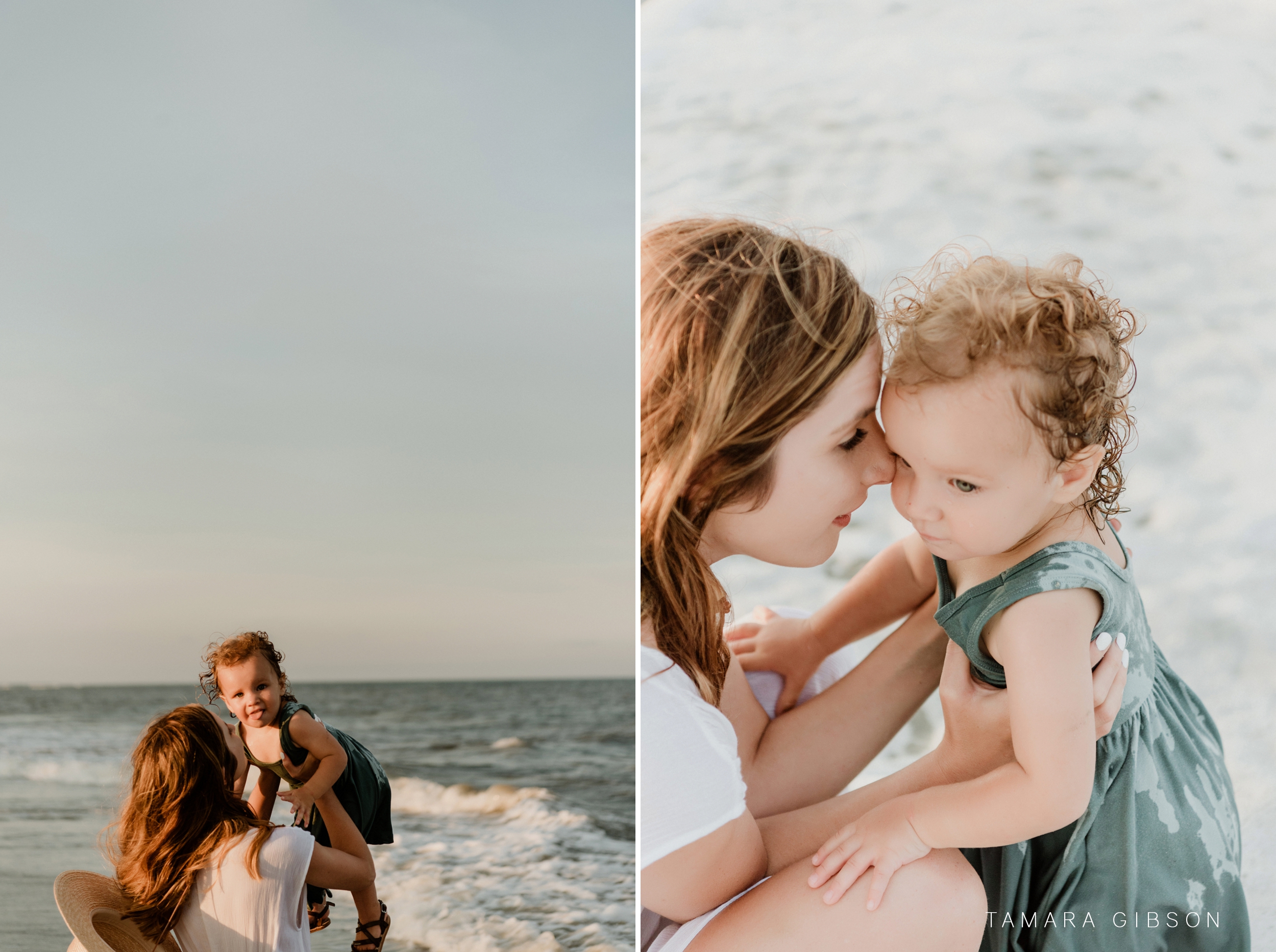 Collage of 2 pictures, Hallen wife holding daughter on beach. 