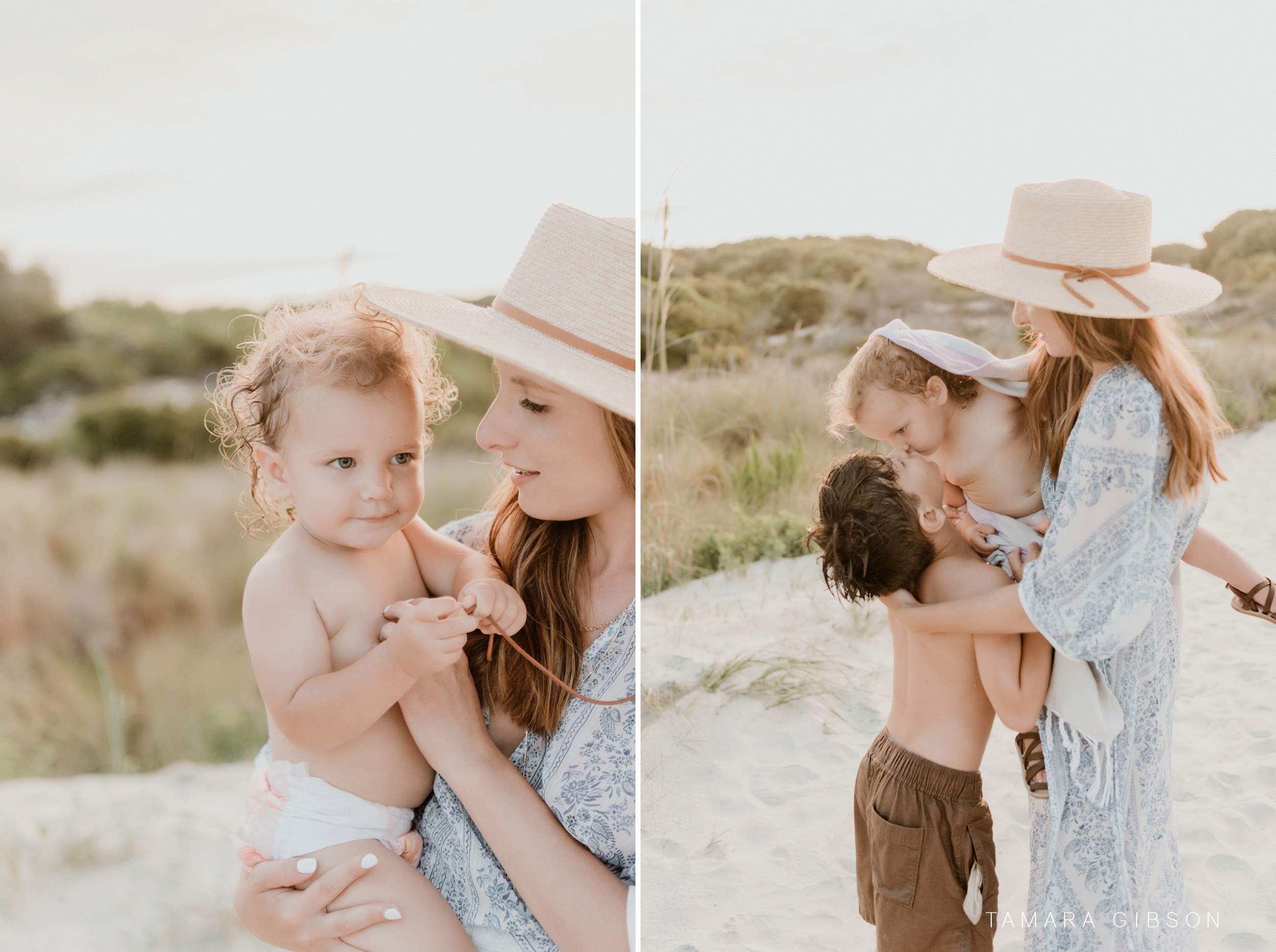 Collage of two images, Hallen Mother with both children in her arms at Saint Simons Island Photo Session