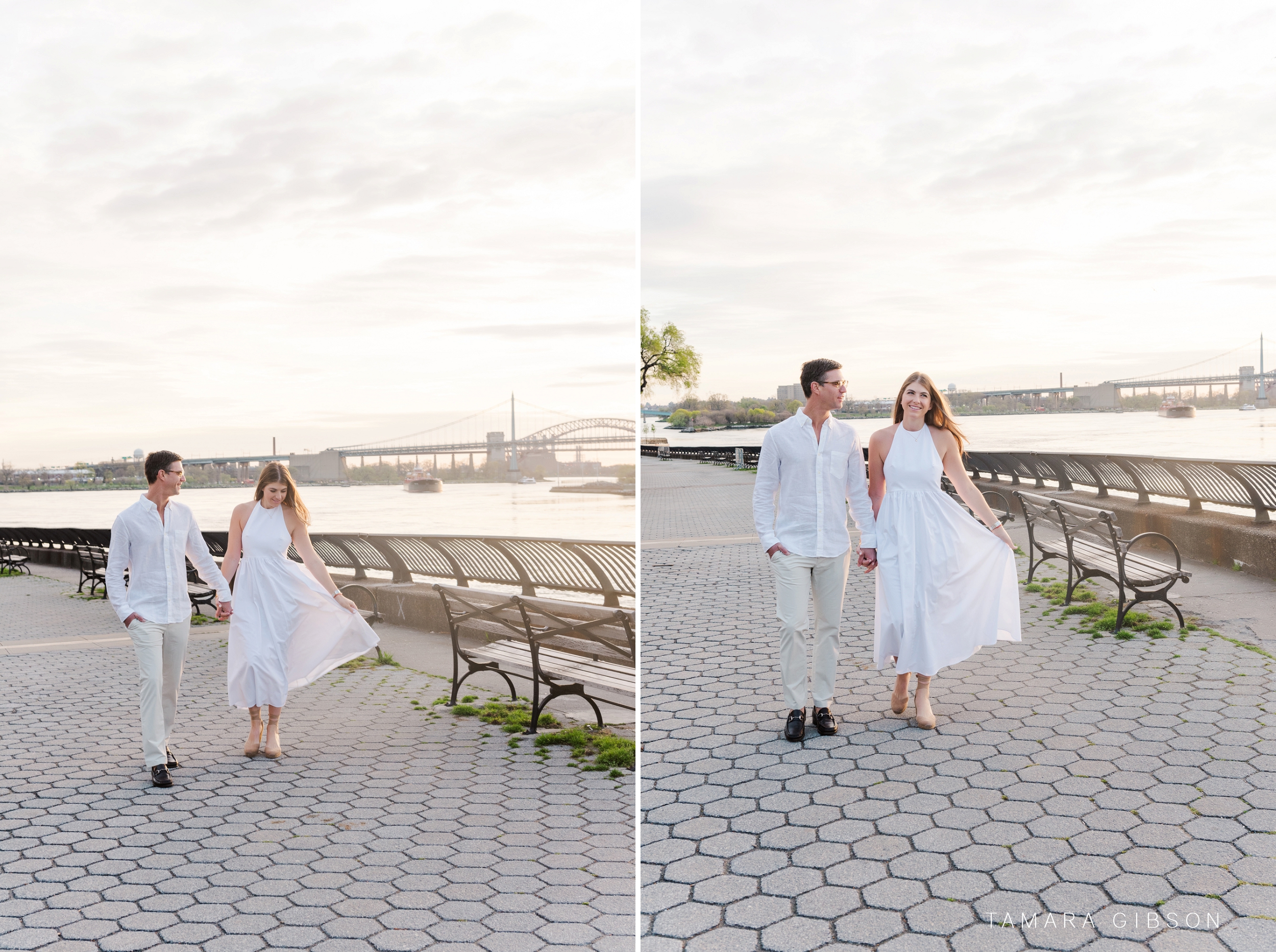 Couple walking alongside water and benches during Carl Schurz Park Engagement Session 