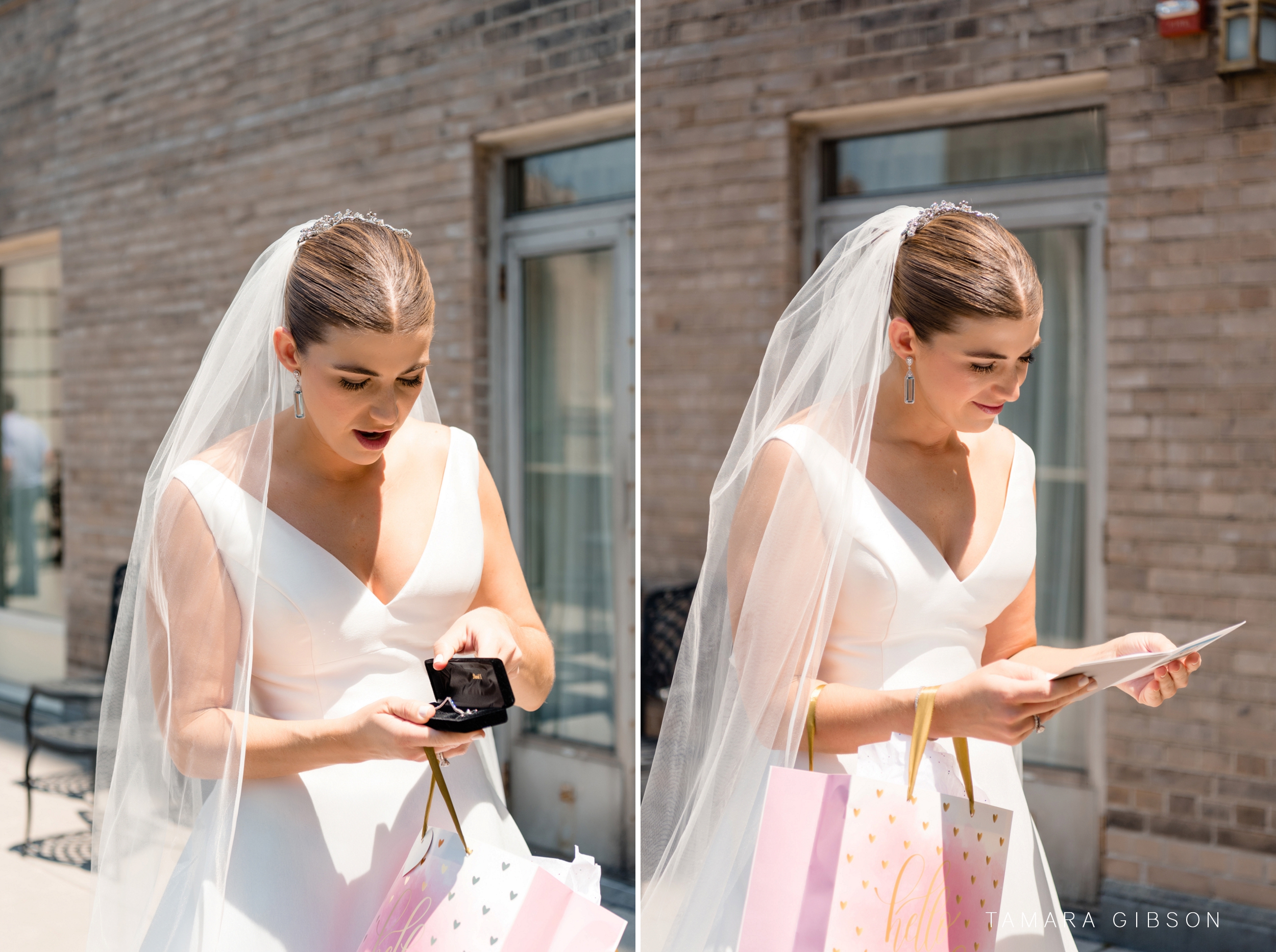 Bride receiving gift during NYC wedding