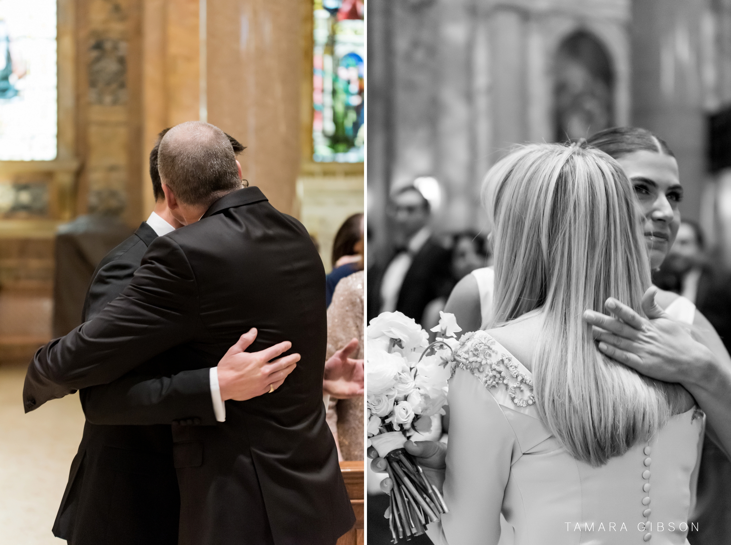 Collage of Thomas and Victoria hugging family inside St. Ignatius of Loyola Church
